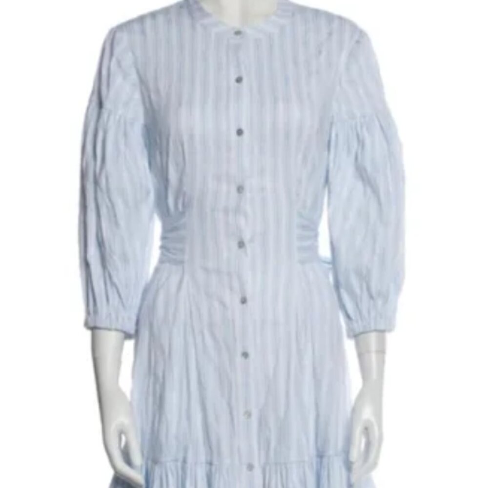 Cinq A Sept- XS- Crinkle Lt. Blue Striped Puff Sleeve/Ruffle Bottom Shirtdress